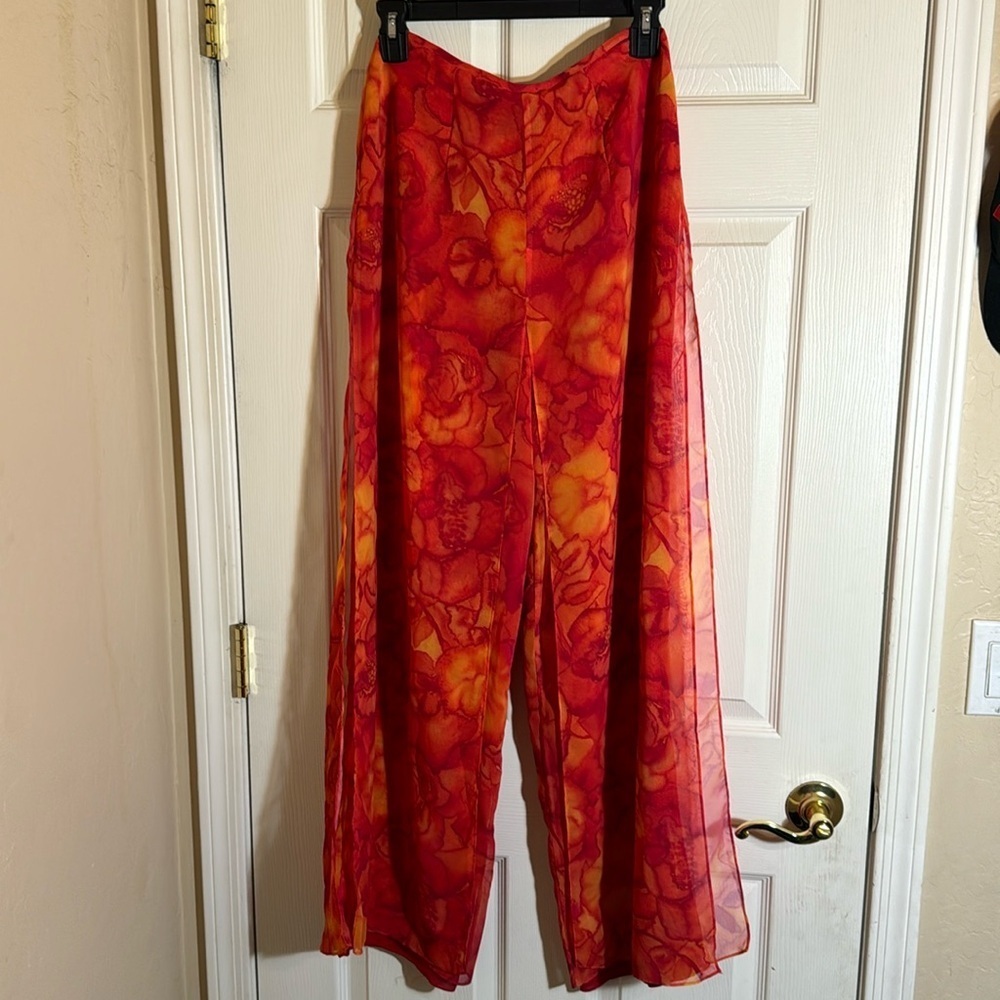 Funky Flowy Watercolor Warm Color Wide-Leg Sheer ‎ Pants by Night Lights, Size 4